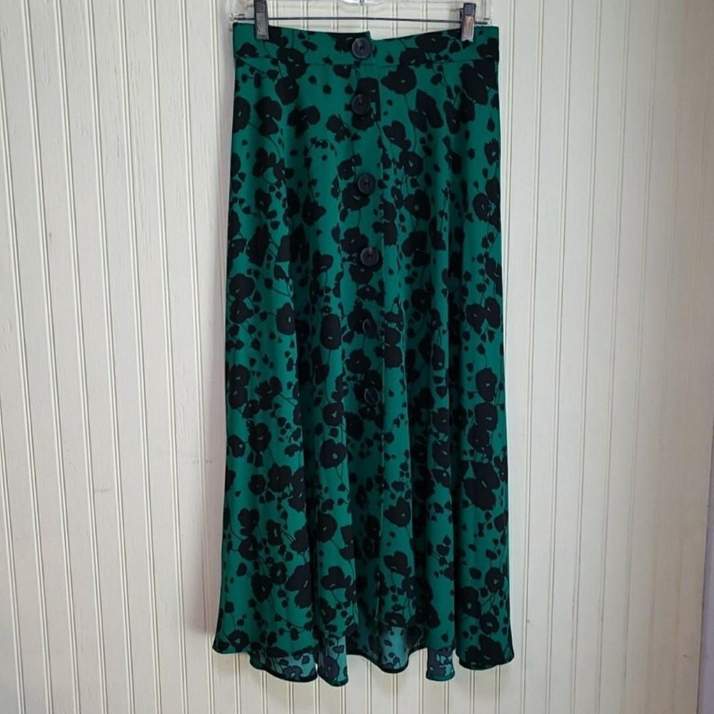 Worthington Green Floral Button Front A-Line Skirt Women's Size M